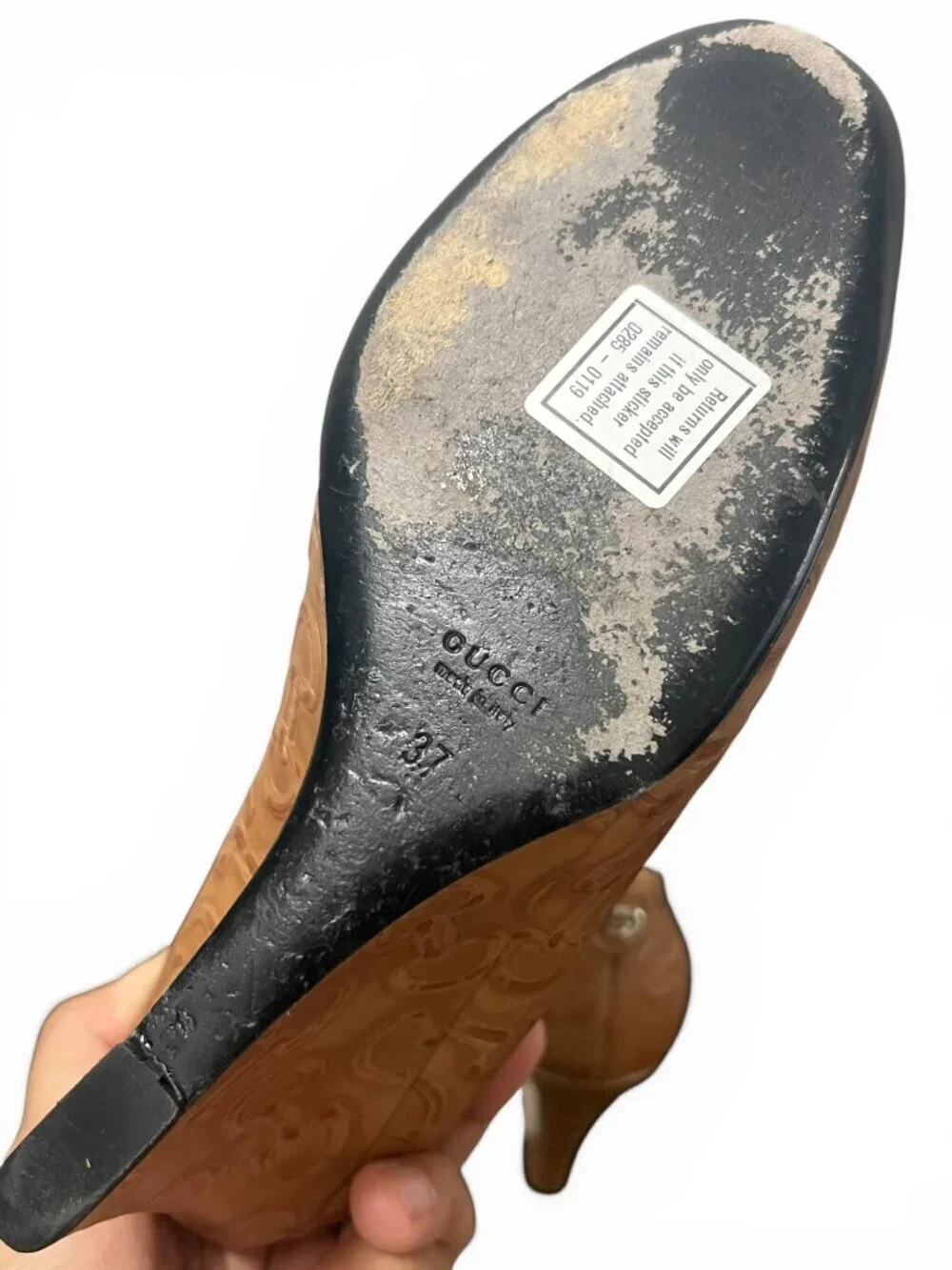 Gucci Beige Embossed Leather Wedge Pumps with GG Logo Detail Size 7 US / 37 EU